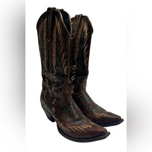 Johnny Ringo 7.5B Cowgirl Boots Western Stitch Bold Feather Snip Toe Brown Rare